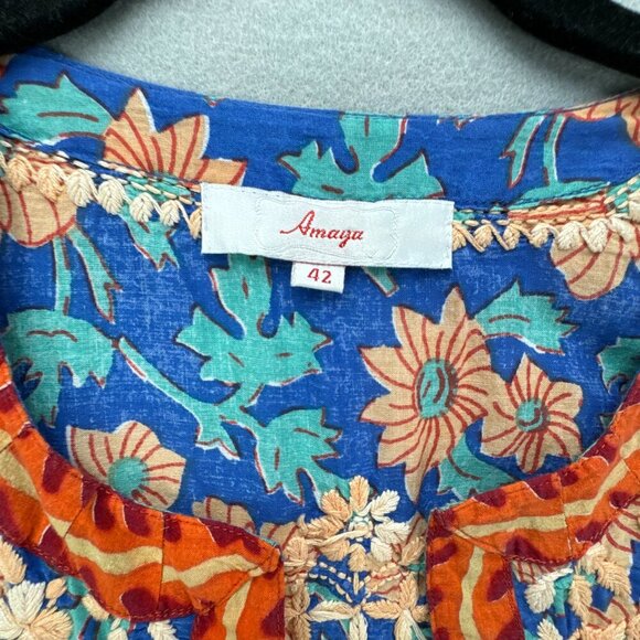 Amaya Textiles Top‎ Womens 42 M/L Blue Pullover Floral Embroidered Thin Cotton - Picture 14 of 15